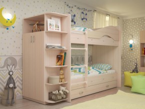 Кровать 2-х ярусная Мая с ящиками и шкафом на латофлексах млечный дуб в Нягани - nyagan.magazinmebel.ru | фото